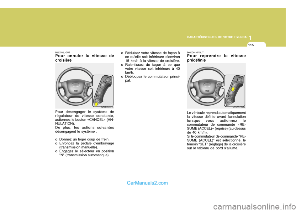 Hyundai Santa Fe 2006  Manuel du propriétaire (in French) 1
CARACTÉRISTIQUES DE VOTRE HYUNDAI
115
Pour désengager le système de régulateur de vitesse constante,actionnez le bouton «CANCEL» (AN- NULATION). De plus, les actions suivantes désengagent le 