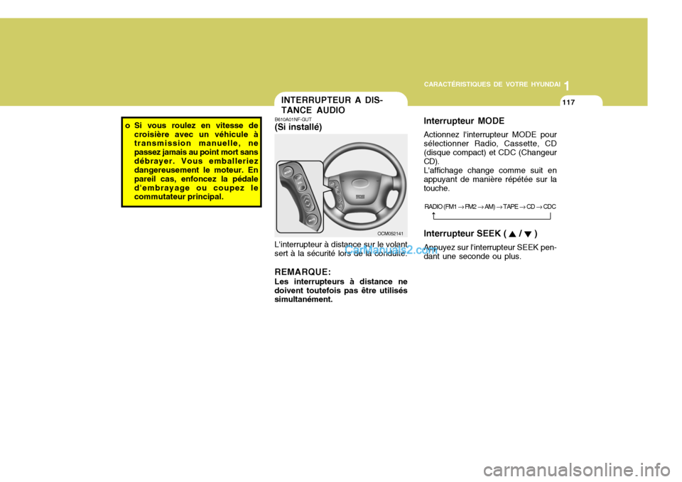 Hyundai Santa Fe 2006  Manuel du propriétaire (in French) 1
CARACTÉRISTIQUES DE VOTRE HYUNDAI
117
o Si vous roulez en vitesse de
croisière avec un véhicule à transmission manuelle, ne passez jamais au point mort sansdébrayer. Vous emballeriez dangereuse