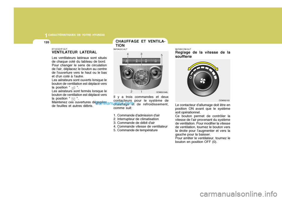 Hyundai Santa Fe 2006  Manuel du propriétaire (in French) 1CARACTÉRISTIQUES DE VOTRE HYUNDAI
120CHAUFFAGE ET VENTILA- TION
B670A03O-AUT Il y a trois commandes et deux
contacteurs pour le système de chauffage et de refroidissement,comme suit: 
1. Commande d
