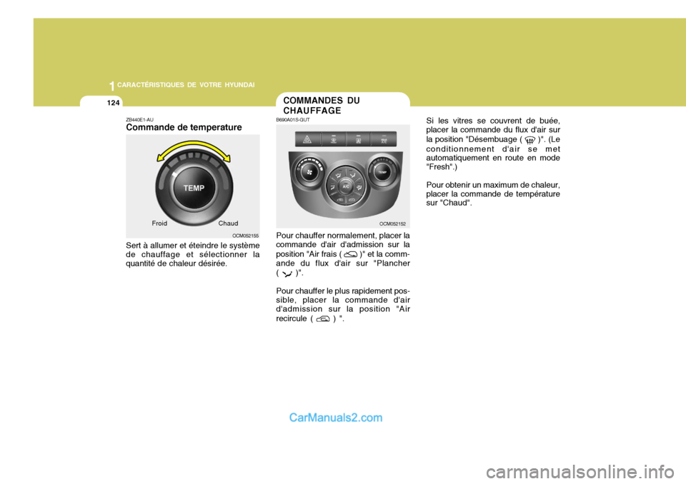 Hyundai Santa Fe 2006  Manuel du propriétaire (in French) 1CARACTÉRISTIQUES DE VOTRE HYUNDAI
124
Si les vitres se couvrent de buée,
placer la commande du flux dair sur la position "Désembuage ( 
 )". (Le
conditionnement dair se met automatiquement en ro