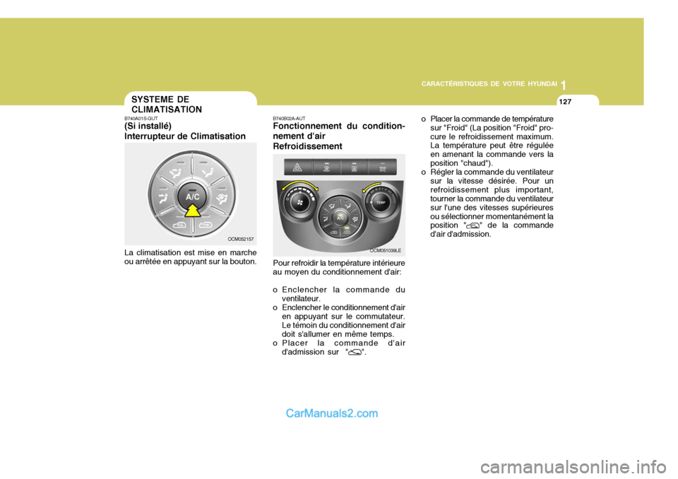Hyundai Santa Fe 2006  Manuel du propriétaire (in French) 1
CARACTÉRISTIQUES DE VOTRE HYUNDAI
127
1
CARACTÉRISTIQUES DE VOTRE HYUNDAI
127SYSTEME DE CLIMATISATION
B740A01S-GUT (Si installé) Interrupteur de Climatisation La climatisation est mise en marche 