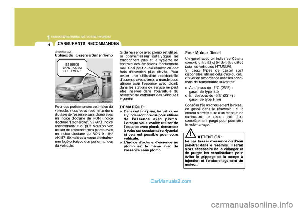 Hyundai Santa Fe 2006  Manuel du propriétaire (in French) 1CARACTÉRISTIQUES DE VOTRE HYUNDAI
4CARBURANTS RECOMMANDES
B010A01CM-GVT Utilisez de lEssence Sans Plomb
Pour des performances optimales duvéhicule, nous vous recommandons dutiliser de lessence s