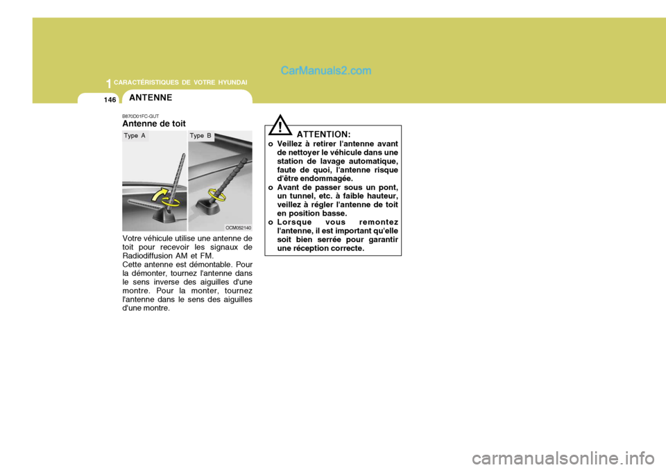 Hyundai Santa Fe 2006  Manuel du propriétaire (in French) 1CARACTÉRISTIQUES DE VOTRE HYUNDAI
146ANTENNE
B870D01FC-GUT Antenne de toit
OCM052140
Votre véhicule utilise une antenne de toit pour recevoir les signaux deRadiodiffusion AM et FM.Cette antenne est
