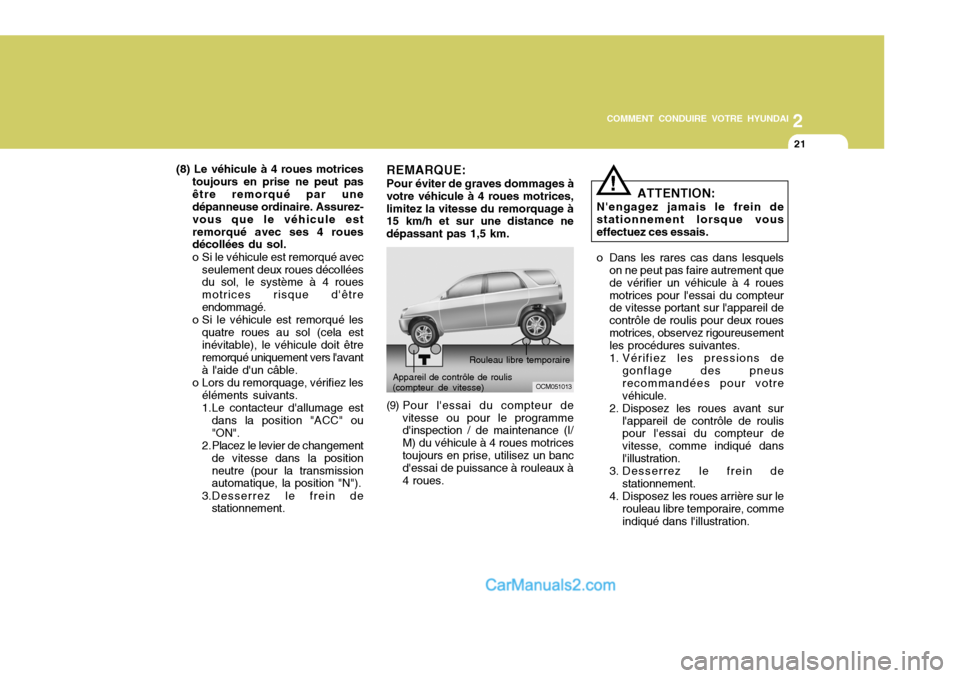 Hyundai Santa Fe 2006  Manuel du propriétaire (in French) 2
COMMENT CONDUIRE VOTRE HYUNDAI
21
(8) Le véhicule à 4 roues motrices toujours en prise ne peut pas être remorqué par une dépanneuse ordinaire. Assurez- vous que le véhicule estremorqué avec s