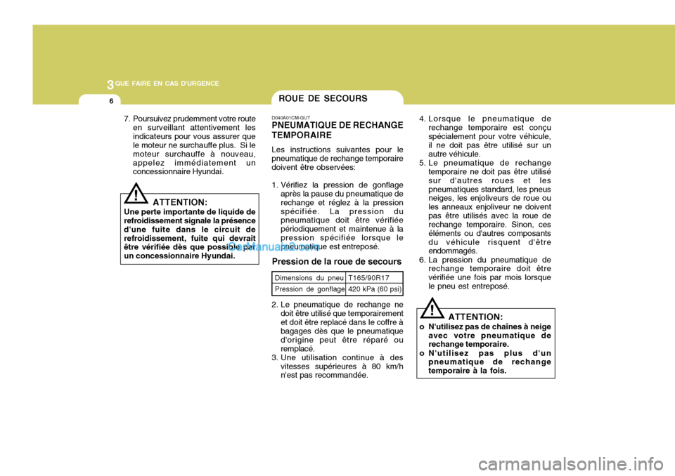 Hyundai Santa Fe 2006  Manuel du propriétaire (in French) 3QUE FAIRE EN CAS DURGENCE
6ROUE DE SECOURS
ATTENTION:
Une perte importante de liquide de refroidissement signale la présence dune fuite dans le circuit derefroidissement, fuite qui devrait être v
