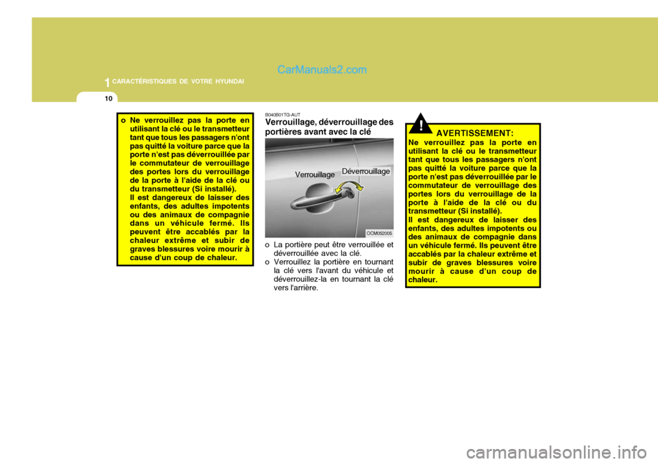 Hyundai Santa Fe 2006  Manuel du propriétaire (in French) 1CARACTÉRISTIQUES DE VOTRE HYUNDAI
10
!AVERTISSEMENT:
Ne verrouillez pas la porte en utilisant la clé ou le transmetteur tant que tous les passagers nont pas quitté la voiture parce que laporte n