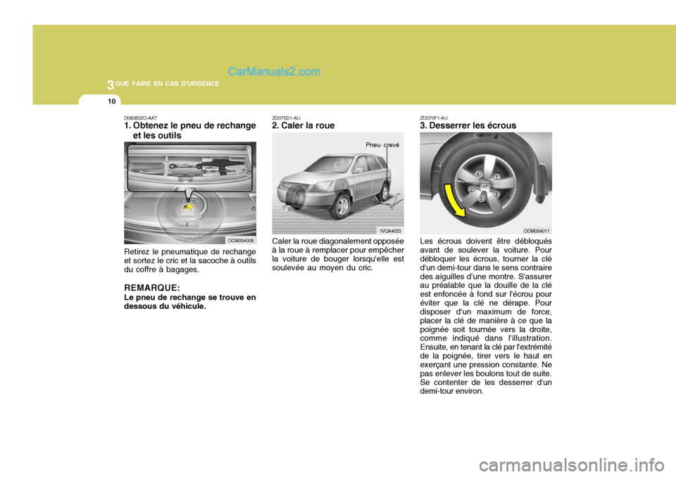 Hyundai Santa Fe 2006  Manuel du propriétaire (in French) 3QUE FAIRE EN CAS DURGENCE
10
D060B02O-AAT 
1. Obtenez le pneu de rechange
et les outils
Retirez le pneumatique de rechange et sortez le cric et la sacoche à outils du coffre à bagages. REMARQUE: L