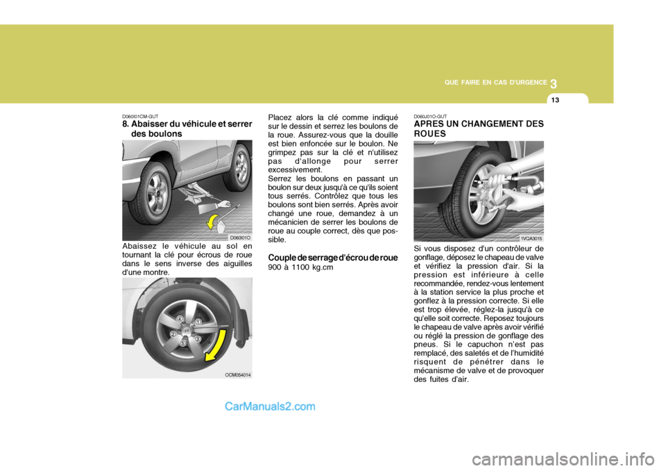 Hyundai Santa Fe 2006  Manuel du propriétaire (in French) 3
QUE FAIRE EN CAS DURGENCE
13
D060I01CM-GUT
8. Abaisser du véhicule et serrer
des boulons D060J01O-GUT APRES UN CHANGEMENT DES ROUES
Abaissez le véhicule au sol en
tournant la clé pour écrous de