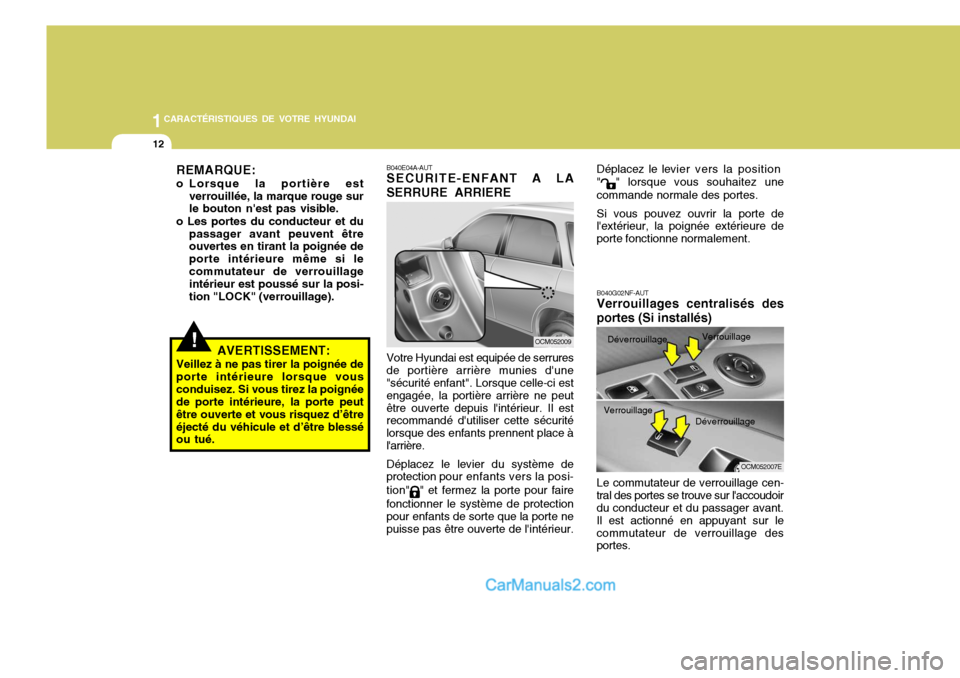 Hyundai Santa Fe 2006 Manuel du propriétaire (in French) 1CARACTÉRISTIQUES DE VOTRE HYUNDAI
12
Déplacez le levier vers la
position
"
" lorsque vous souhaitez une
commande normale des portes. Si vous pouvez ouvrir la porte de lextérieur, la poignée ext Hyundai Santa Fe 2006 Manuel du propriétaire (in French) 1CARACTÉRISTIQUES DE VOTRE HYUNDAI
12
Déplacez le levier vers la
position
"
" lorsque vous souhaitez une
commande normale des portes. Si vous pouvez ouvrir la porte de lextérieur, la poignée ext