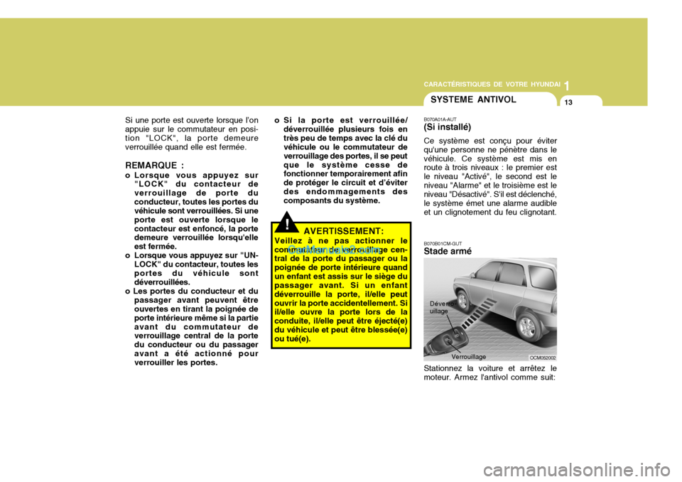 Hyundai Santa Fe 2006 Manuel du propriétaire (in French) 1
CARACTÉRISTIQUES DE VOTRE HYUNDAI
13
Si une porte est ouverte lorsque l’on appuie sur le commutateur en posi-tion "LOCK", la porte demeure verrouillée quand elle est fermée.
REMARQUE :
o Lorsq Hyundai Santa Fe 2006 Manuel du propriétaire (in French) 1
CARACTÉRISTIQUES DE VOTRE HYUNDAI
13
Si une porte est ouverte lorsque l’on appuie sur le commutateur en posi-tion "LOCK", la porte demeure verrouillée quand elle est fermée.
REMARQUE :
o Lorsq