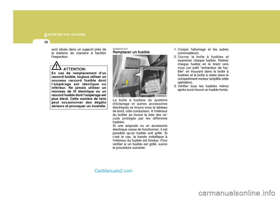 Hyundai Santa Fe 2006  Manuel du propriétaire (in French) 6ENTRETIEN PAR VOS SOINS
22
G200B02HP-AUT Remplacer un fusible La boîte à fusibles du système
déclairage et autres accessoires électriques se trouve sous le tableau de bord, côté conducteur. A