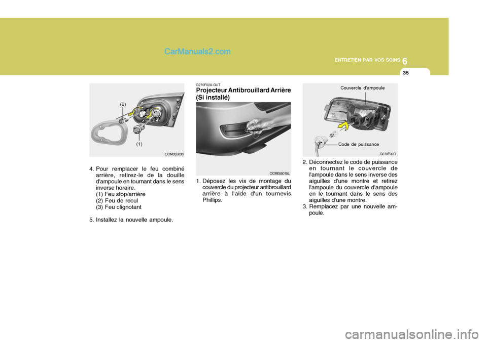 Hyundai Santa Fe 2006  Manuel du propriétaire (in French) 6
ENTRETIEN PAR VOS SOINS
35
2. Déconnectez le code de puissance en tournant le couvercle de lampoule dans le sens inverse desaiguilles dune montre et retirez lampoule du couvercle dampoule en le