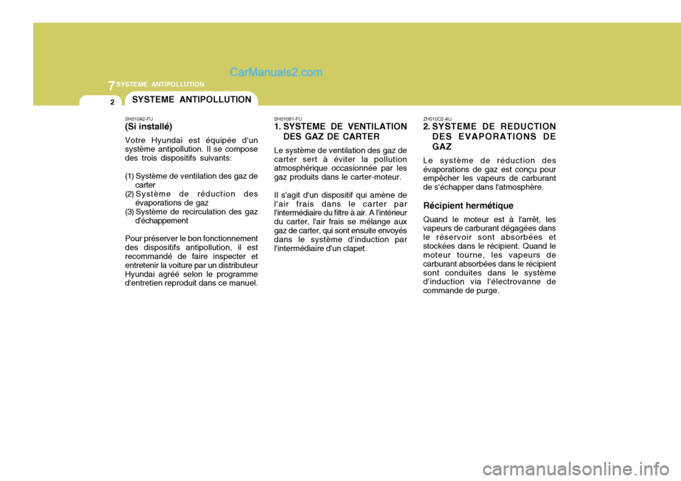 Hyundai Santa Fe 2006 Manuel du propriétaire (in French) 7SYSTEME ANTIPOLLUTION
2
SH010A2-FU (Si installé) Votre Hyundai est équipée dun système antipollution. Il se compose des trois dispositifs suivants:
(1) Système de ventilation des gaz de
carter Hyundai Santa Fe 2006 Manuel du propriétaire (in French) 7SYSTEME ANTIPOLLUTION
2
SH010A2-FU (Si installé) Votre Hyundai est équipée dun système antipollution. Il se compose des trois dispositifs suivants:
(1) Système de ventilation des gaz de
carter