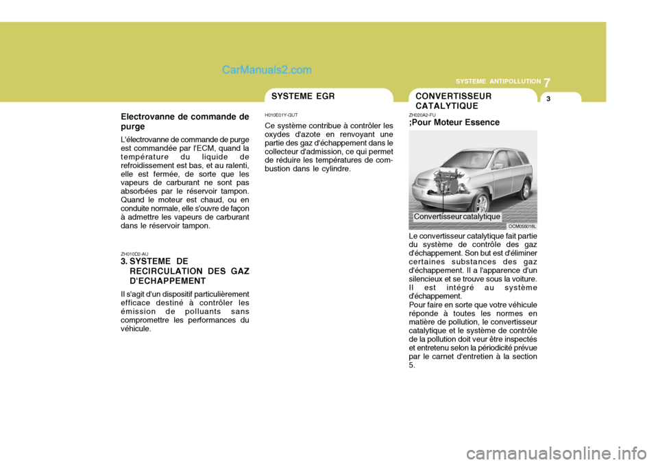 Hyundai Santa Fe 2006 Manuel du propriétaire (in French) 7
SYSTEME ANTIPOLLUTION
3SYSTEME EGR
ZH010D2-AU
3. SYSTEME DE
RECIRCULATION DES GAZ DECHAPPEMENT
Il sagit dun dispositif particulièrement efficace destiné à contrôler lesémission de polluants Hyundai Santa Fe 2006 Manuel du propriétaire (in French) 7
SYSTEME ANTIPOLLUTION
3SYSTEME EGR
ZH010D2-AU
3. SYSTEME DE
RECIRCULATION DES GAZ DECHAPPEMENT
Il sagit dun dispositif particulièrement efficace destiné à contrôler lesémission de polluants