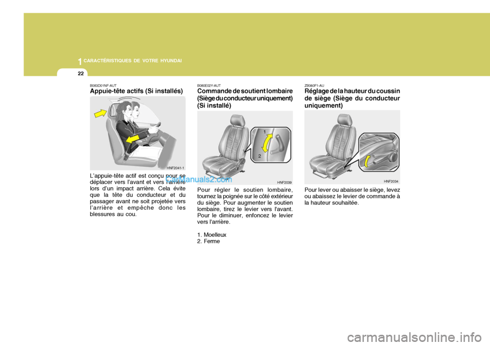 Hyundai Santa Fe 2006  Manuel du propriétaire (in French) 1CARACTÉRISTIQUES DE VOTRE HYUNDAI
22
ZB060F1-AU Réglage de la hauteur du coussin
de siège (Siège du conducteur uniquement)
Pour lever ou abaisser le siège, levez
ou abaissez le levier de command