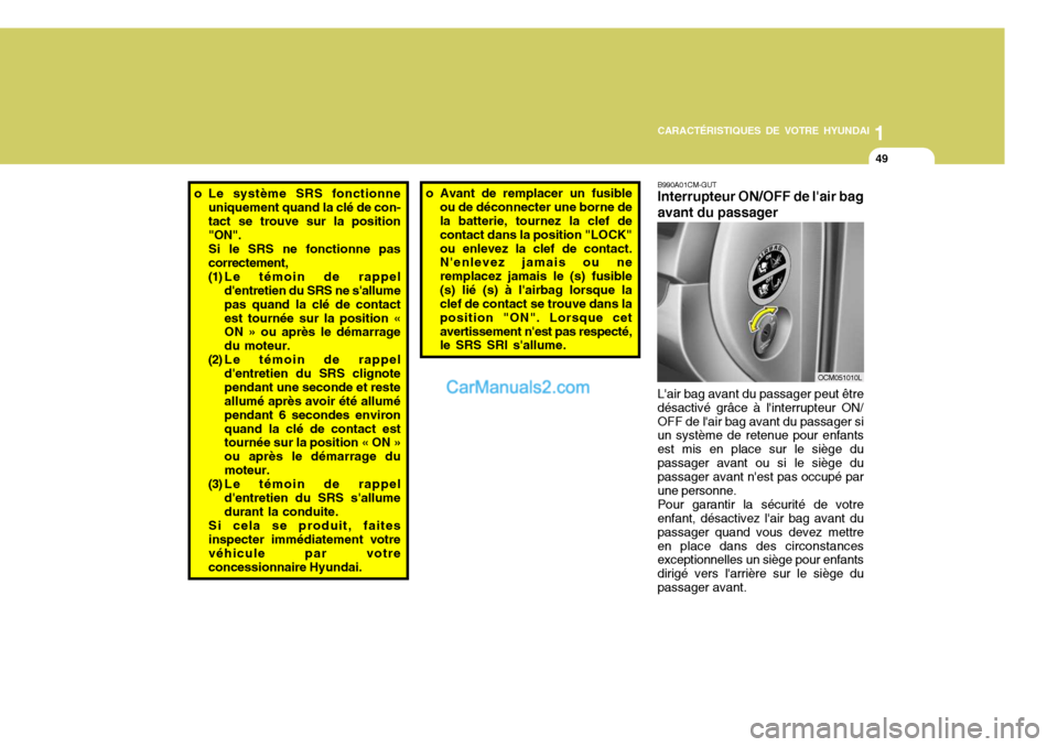 Hyundai Santa Fe 2006 Manuel du propriétaire (in French) 1
CARACTÉRISTIQUES DE VOTRE HYUNDAI
49
o Le système SRS fonctionne
uniquement quand la clé de con- tact se trouve sur la position "ON".Si le SRS ne fonctionne pascorrectement,
(1) Le témoin de ra Hyundai Santa Fe 2006 Manuel du propriétaire (in French) 1
CARACTÉRISTIQUES DE VOTRE HYUNDAI
49
o Le système SRS fonctionne
uniquement quand la clé de con- tact se trouve sur la position "ON".Si le SRS ne fonctionne pascorrectement,
(1) Le témoin de ra