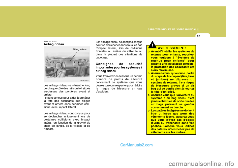 Hyundai Santa Fe 2006 Manuel du propriétaire (in French) 1
CARACTÉRISTIQUES DE VOTRE HYUNDAI
53
Les airbags rideau ne sont pas conçus pour se déclencher dans tous les casdimpact latéral, lors de collisions frontales ou arrière du véhicule ou dans la Hyundai Santa Fe 2006 Manuel du propriétaire (in French) 1
CARACTÉRISTIQUES DE VOTRE HYUNDAI
53
Les airbags rideau ne sont pas conçus pour se déclencher dans tous les casdimpact latéral, lors de collisions frontales ou arrière du véhicule ou dans la