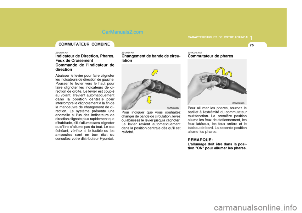 Hyundai Santa Fe 2006 Manuel du propriétaire (in French) 1
CARACTÉRISTIQUES DE VOTRE HYUNDAI
75
ZB120B1-AU Changement de bande de circu-
lation
Pour indiquer que vous souhaitez
changer de bande de circulation, levez ou abaissez le levier jusquà clignoter Hyundai Santa Fe 2006 Manuel du propriétaire (in French) 1
CARACTÉRISTIQUES DE VOTRE HYUNDAI
75
ZB120B1-AU Changement de bande de circu-
lation
Pour indiquer que vous souhaitez
changer de bande de circulation, levez ou abaissez le levier jusquà clignoter