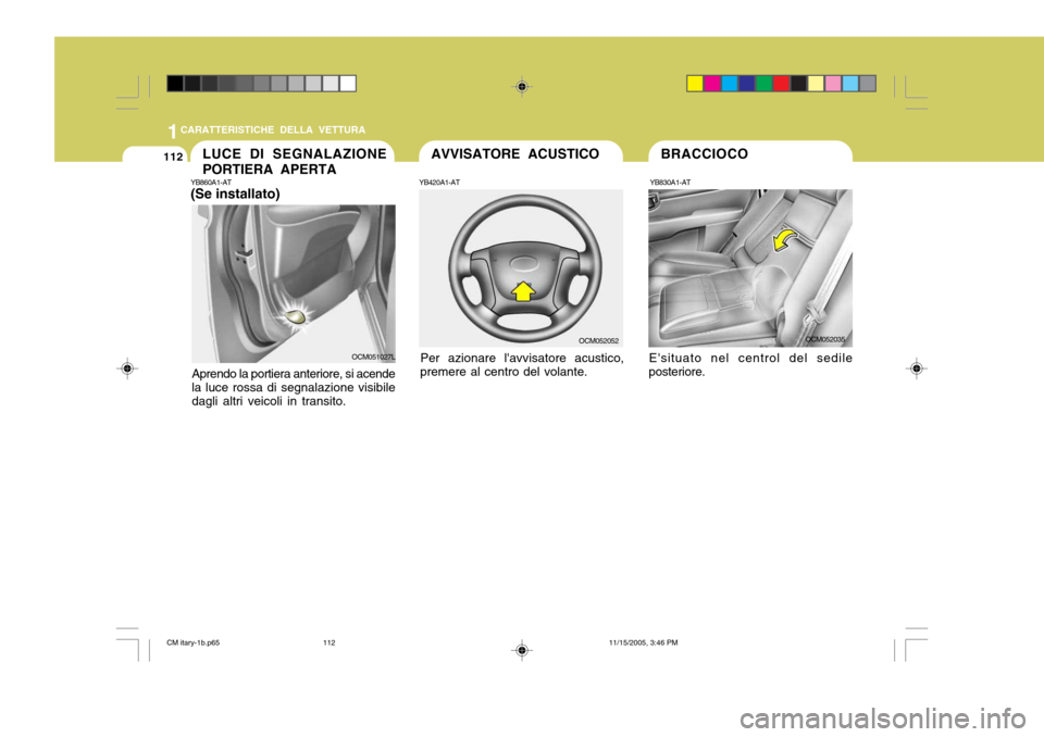 Hyundai Santa Fe 2006 Manuale del proprietario (in Italian) 1CARATTERISTICHE DELLA VETTURA
112
YB830A1-AT
OCM052035
Esituato nel centrol del sedile
posteriore. BRACCIOCOYB860A1-AT (Se installato)
Aprendo la portiera anteriore, si acende la luce rossa di segna Hyundai Santa Fe 2006 Manuale del proprietario (in Italian) 1CARATTERISTICHE DELLA VETTURA
112
YB830A1-AT
OCM052035
Esituato nel centrol del sedile
posteriore. BRACCIOCOYB860A1-AT (Se installato)
Aprendo la portiera anteriore, si acende la luce rossa di segna