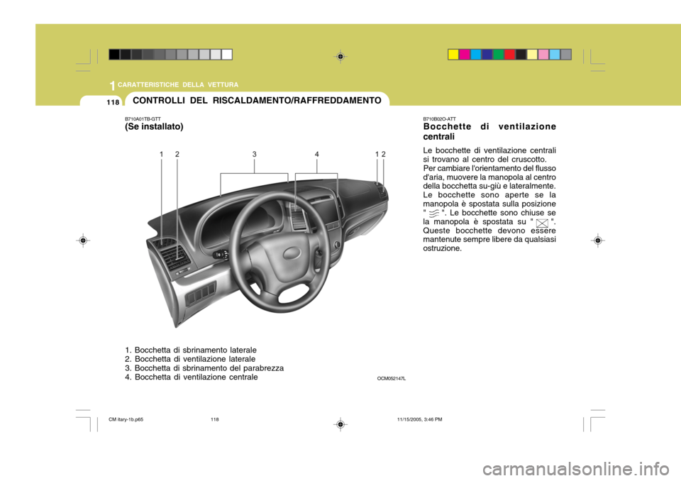 Hyundai Santa Fe 2006 Manuale del proprietario (in Italian) 1CARATTERISTICHE DELLA VETTURA
118CONTROLLI DEL RISCALDAMENTO/RAFFREDDAMENTO
B710A01TB-GTT
(Se installato) 1. Bocchetta di sbrinamento laterale 2. Bocchetta di ventilazione laterale 3. Bocchetta di s Hyundai Santa Fe 2006 Manuale del proprietario (in Italian) 1CARATTERISTICHE DELLA VETTURA
118CONTROLLI DEL RISCALDAMENTO/RAFFREDDAMENTO
B710A01TB-GTT
(Se installato) 1. Bocchetta di sbrinamento laterale 2. Bocchetta di ventilazione laterale 3. Bocchetta di s