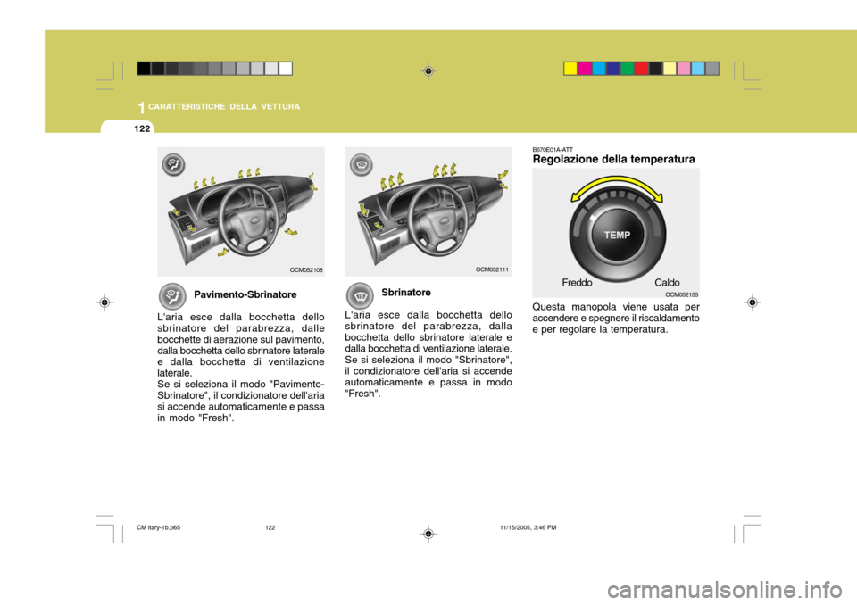 Hyundai Santa Fe 2006 Manuale del proprietario (in Italian) 1CARATTERISTICHE DELLA VETTURA
122
B670E01A-ATT Regolazione della temperatura
Questa manopola viene usata per accendere e spegnere il riscaldamentoe per regolare la temperatura.
OCM052111OCM052108
Pav Hyundai Santa Fe 2006 Manuale del proprietario (in Italian) 1CARATTERISTICHE DELLA VETTURA
122
B670E01A-ATT Regolazione della temperatura
Questa manopola viene usata per accendere e spegnere il riscaldamentoe per regolare la temperatura.
OCM052111OCM052108
Pav