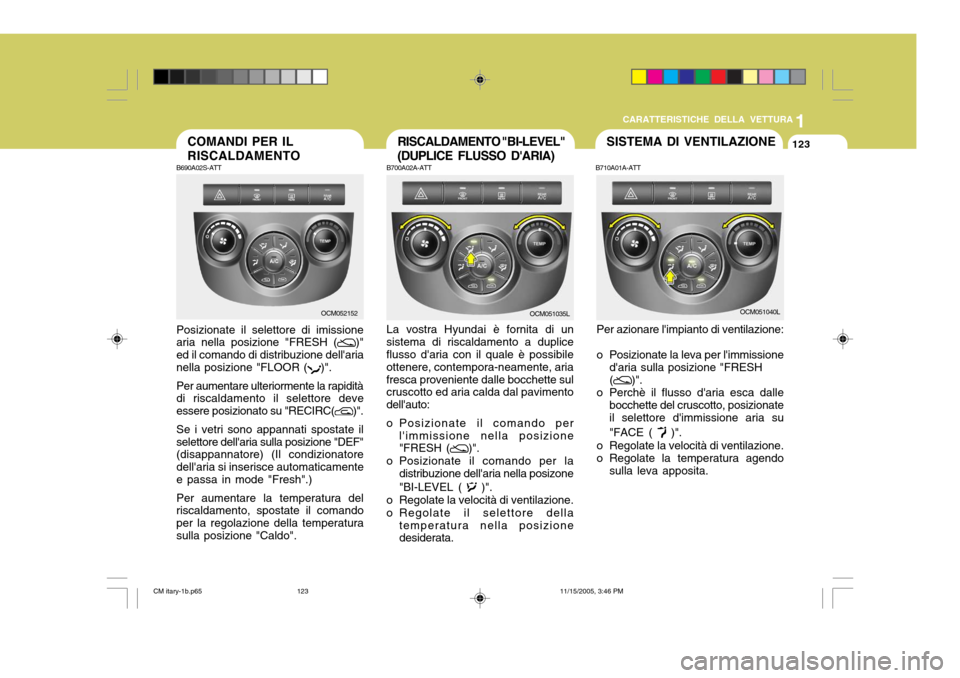 Hyundai Santa Fe 2006 Manuale del proprietario (in Italian) 1
CARATTERISTICHE DELLA VETTURA
123COMANDI PER IL RISCALDAMENTO
B690A02S-ATT Posizionate il selettore di imissione aria nella posizione "FRESH (
)"
ed il comando di distribuzione dellaria nella posiz Hyundai Santa Fe 2006 Manuale del proprietario (in Italian) 1
CARATTERISTICHE DELLA VETTURA
123COMANDI PER IL RISCALDAMENTO
B690A02S-ATT Posizionate il selettore di imissione aria nella posizione "FRESH (
)"
ed il comando di distribuzione dellaria nella posiz
