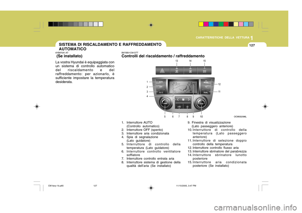 Hyundai Santa Fe 2006 Manuale del proprietario (in Italian) 1
CARATTERISTICHE DELLA VETTURA
127SISTEMA DI RISCALDAMENTO E RAFFREDDAMENTO AUTOMATICO
6YB970A1-AT (Se installato) La vostra Hyundai è equipaggiata con un sistema di controllo automatico del riscal Hyundai Santa Fe 2006 Manuale del proprietario (in Italian) 1
CARATTERISTICHE DELLA VETTURA
127SISTEMA DI RISCALDAMENTO E RAFFREDDAMENTO AUTOMATICO
6YB970A1-AT (Se installato) La vostra Hyundai è equipaggiata con un sistema di controllo automatico del riscal