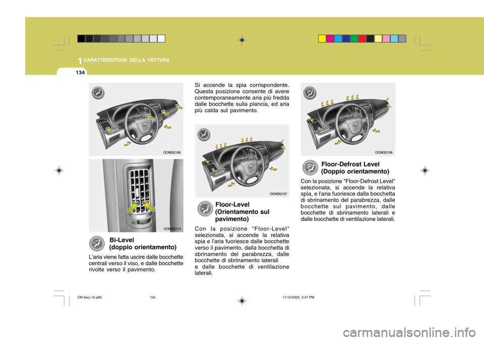Hyundai Santa Fe 2006 Manuale del proprietario (in Italian) 1CARATTERISTICHE DELLA VETTURA
134
Si accende la spia corrispondente.
Questa posizione consente di avere contemporaneamente aria più fredda dalle bocchette sulla plancia, ed aria più calda sul pavim Hyundai Santa Fe 2006 Manuale del proprietario (in Italian) 1CARATTERISTICHE DELLA VETTURA
134
Si accende la spia corrispondente.
Questa posizione consente di avere contemporaneamente aria più fredda dalle bocchette sulla plancia, ed aria più calda sul pavim