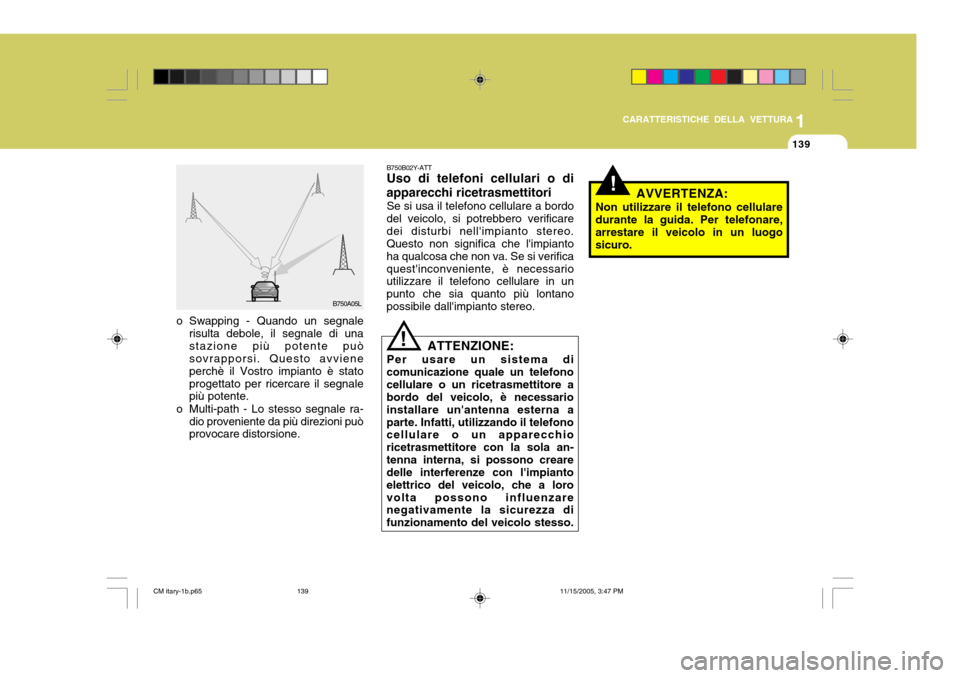 Hyundai Santa Fe 2006 Manuale del proprietario (in Italian) 1
CARATTERISTICHE DELLA VETTURA
139
B750B02Y-ATT Uso di telefoni cellulari o di
apparecchi ricetrasmettitori Se si usa il telefono cellulare a bordo
del veicolo, si potrebbero verificare dei disturbi Hyundai Santa Fe 2006 Manuale del proprietario (in Italian) 1
CARATTERISTICHE DELLA VETTURA
139
B750B02Y-ATT Uso di telefoni cellulari o di
apparecchi ricetrasmettitori Se si usa il telefono cellulare a bordo
del veicolo, si potrebbero verificare dei disturbi