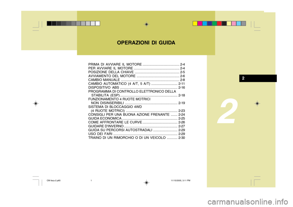 Hyundai Santa Fe 2006  Manuale del proprietario (in Italian) OPERAZIONI DI GUIDA
2
2
PRIMA DI AVVIARE IL MOTORE ...................................... 2-4
PER AVVIARE IL  MOTORE ............................................... 2-4
POSIZIONE DELLA CHIAVE ........