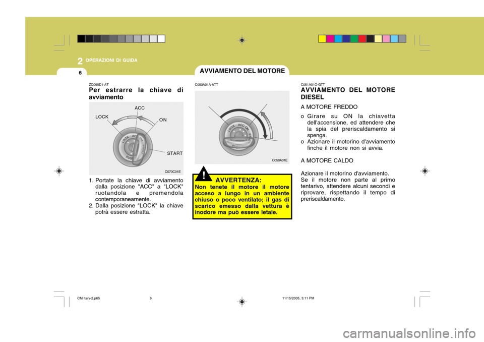 Hyundai Santa Fe 2006  Manuale del proprietario (in Italian) 2 OPERAZIONI DI GUIDA
6AVVIAMENTO DEL MOTORE
!
C050A01E
C050A01A-ATT
AVVERTENZA:
Non tenete il motore il motore
acceso a lungo in un ambiente chiuso o poco ventilato; il gas discarico emesso dalla vet