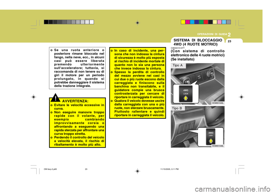 Hyundai Santa Fe 2006  Manuale del proprietario (in Italian) 2
OPERAZIONI DI GUIDA
23SISTEMA DI BLOCCAGGIO 4WD (4 RUOTE MOTRICI)
!
o Se una ruota anteriore o
posteriore rimane bloccata nel fango, nella neve, ecc., in alcunicasi può essere liberata premendo ult