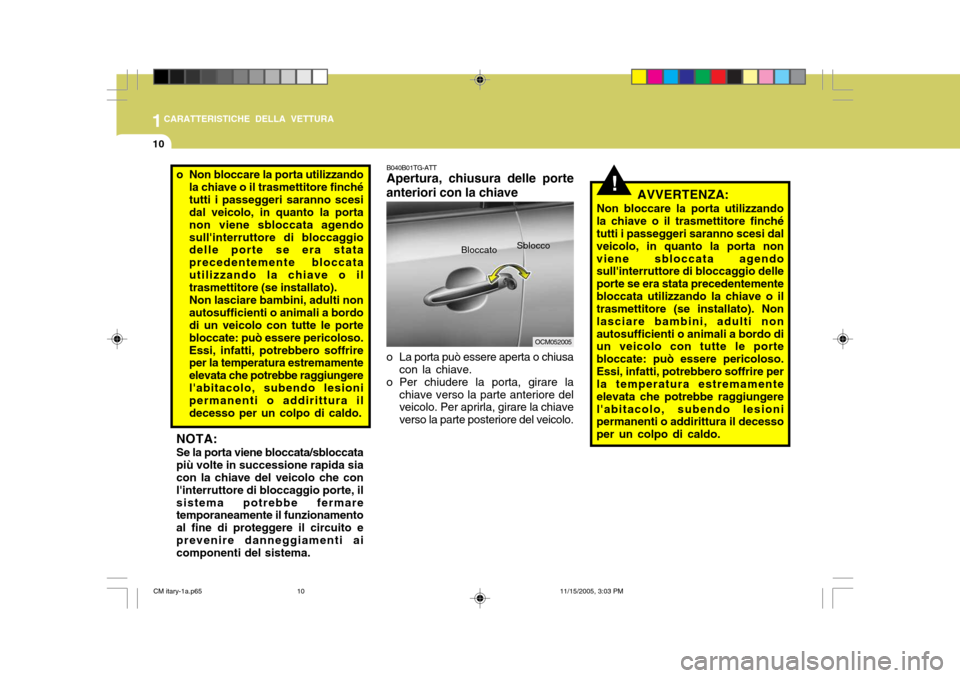 Hyundai Santa Fe 2006 Manuale del proprietario (in Italian) 1CARATTERISTICHE DELLA VETTURA
10
B040B01TG-ATT Apertura, chiusura delle porte
anteriori con la chiave
o La porta può essere aperta o chiusa con la chiave.
o Per chiudere la porta, girare la
chiave Hyundai Santa Fe 2006 Manuale del proprietario (in Italian) 1CARATTERISTICHE DELLA VETTURA
10
B040B01TG-ATT Apertura, chiusura delle porte
anteriori con la chiave
o La porta può essere aperta o chiusa con la chiave.
o Per chiudere la porta, girare la
chiave