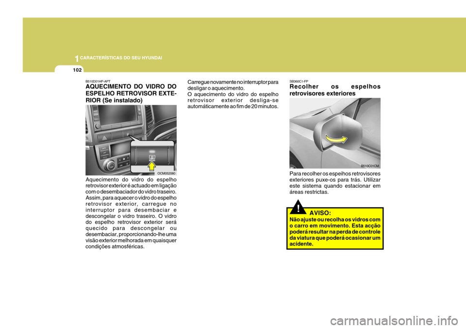 Hyundai Santa Fe 2006 Manual do proprietário (in Portuguese) 1CARACTERÍSTICAS DO SEU HYUNDAI
102
Carregue novamente no interruptor para desligar o aquecimento.O aquecimento do vidro do espelho retrovisor exterior desliga-se automáticamente ao fim de 20 minuto Hyundai Santa Fe 2006 Manual do proprietário (in Portuguese) 1CARACTERÍSTICAS DO SEU HYUNDAI
102
Carregue novamente no interruptor para desligar o aquecimento.O aquecimento do vidro do espelho retrovisor exterior desliga-se automáticamente ao fim de 20 minuto