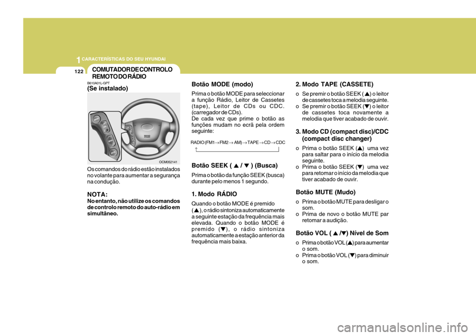 Hyundai Santa Fe 2006 Manual do proprietário (in Portuguese) 1CARACTERÍSTICAS DO SEU HYUNDAI
122
2. Modo TAPE (CASSETE)
o Se premir o botão SEEK (
) o leitor
de cassetes toca a melodia seguinte.
o Se premir o botão SEEK (
) o leitor
de cassetes toca novame Hyundai Santa Fe 2006 Manual do proprietário (in Portuguese) 1CARACTERÍSTICAS DO SEU HYUNDAI
122
2. Modo TAPE (CASSETE)
o Se premir o botão SEEK (
) o leitor
de cassetes toca a melodia seguinte.
o Se premir o botão SEEK (
) o leitor
de cassetes toca novame