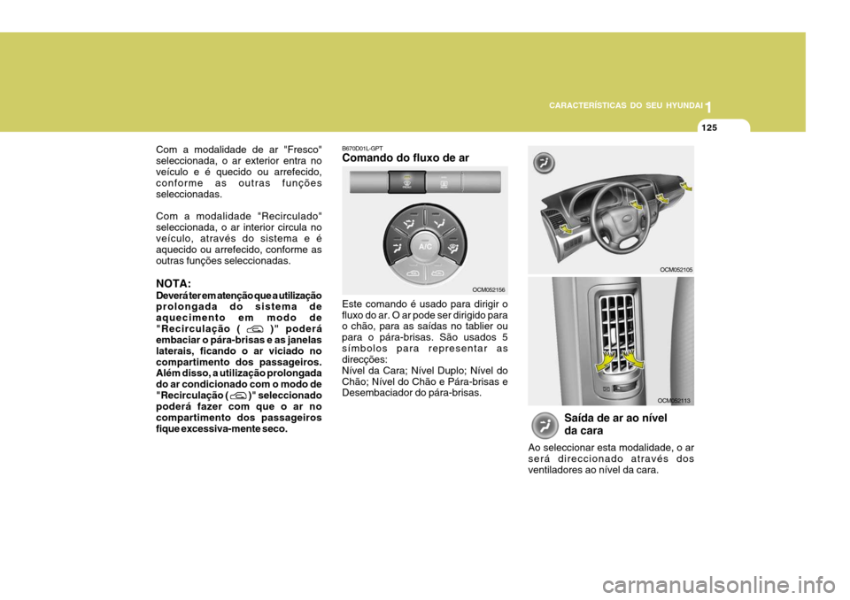 Hyundai Santa Fe 2006 Manual do proprietário (in Portuguese) 1
CARACTERÍSTICAS DO SEU HYUNDAI
125
Saída de ar ao nível da cara
Ao seleccionar esta modalidade, o ar será direccionado através dos ventiladores ao nível da cara. OCM052105
Com a modalidade de Hyundai Santa Fe 2006 Manual do proprietário (in Portuguese) 1
CARACTERÍSTICAS DO SEU HYUNDAI
125
Saída de ar ao nível da cara
Ao seleccionar esta modalidade, o ar será direccionado através dos ventiladores ao nível da cara. OCM052105
Com a modalidade de
