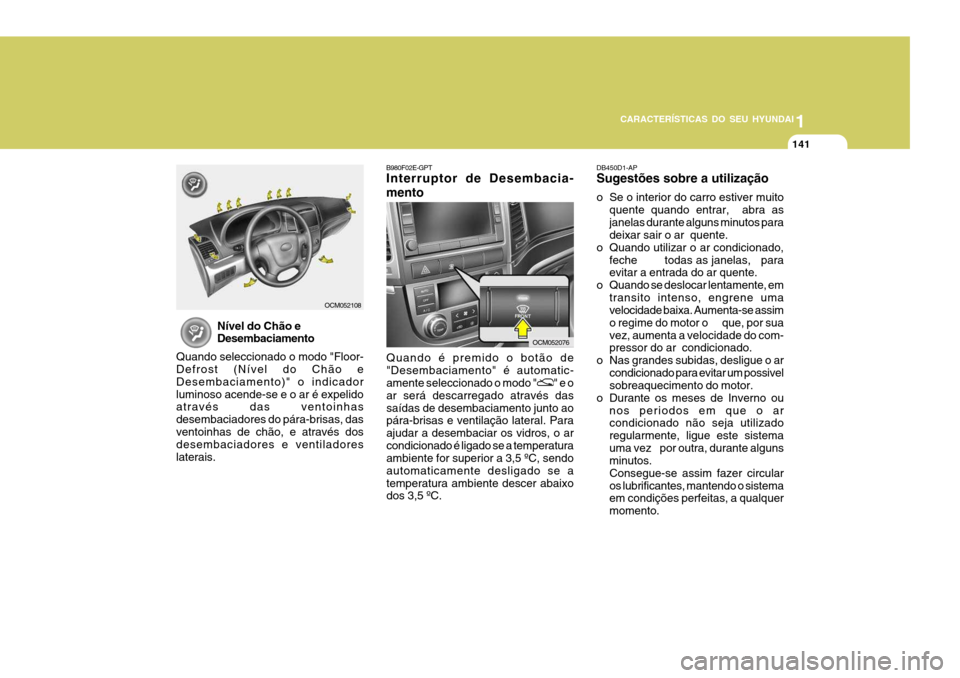 Hyundai Santa Fe 2006 Manual do proprietário (in Portuguese) 1
CARACTERÍSTICAS DO SEU HYUNDAI
141
B980F02E-GPT Interruptor de Desembacia- mento
Quando é premido o botão de "Desembaciamento" é automatic- amente seleccionado o modo "
" e o
ar será descarrega Hyundai Santa Fe 2006 Manual do proprietário (in Portuguese) 1
CARACTERÍSTICAS DO SEU HYUNDAI
141
B980F02E-GPT Interruptor de Desembacia- mento
Quando é premido o botão de "Desembaciamento" é automatic- amente seleccionado o modo "
" e o
ar será descarrega