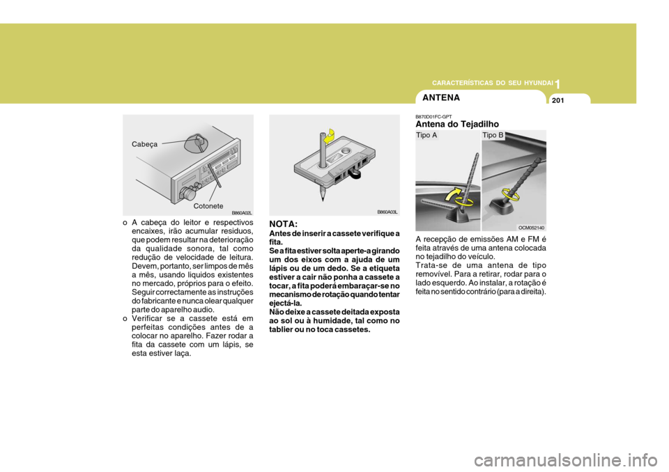 Hyundai Santa Fe 2006  Manual do proprietário (in Portuguese) 1
201201201
CARACTERÍSTICAS DO SEU HYUNDAI
201
B860A03L
Cabeça
CotoneteB860A02L
ANTENA
B870D01FC-GPT Antena do Tejadilho
A recepção de emissões AM e FM é feita através de uma antena colocada no