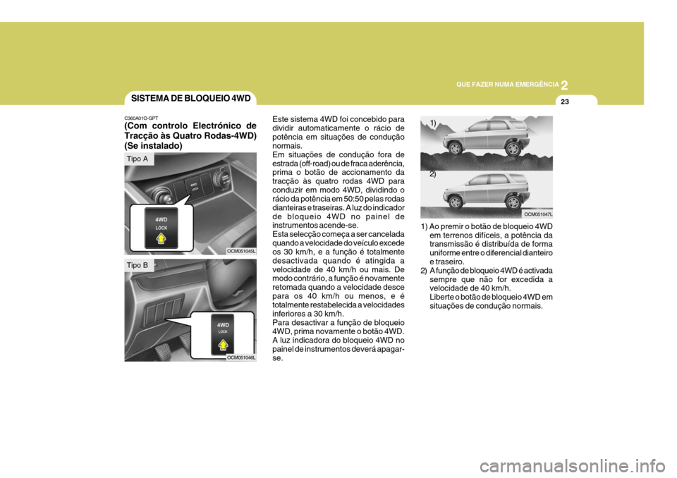 Hyundai Santa Fe 2006 Manual do proprietário (in Portuguese) 2
QUE FAZER NUMA EMERGÊNCIA
23SISTEMA DE BLOQUEIO 4WD
C360A01O-GPT (Com controlo Electrónico de Tracção às Quatro Rodas-4WD)(Se instalado) Este sistema 4WD foi concebido para dividir automaticame Hyundai Santa Fe 2006 Manual do proprietário (in Portuguese) 2
QUE FAZER NUMA EMERGÊNCIA
23SISTEMA DE BLOQUEIO 4WD
C360A01O-GPT (Com controlo Electrónico de Tracção às Quatro Rodas-4WD)(Se instalado) Este sistema 4WD foi concebido para dividir automaticame