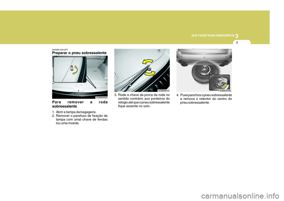 Hyundai Santa Fe 2006 Manual do proprietário (in Portuguese) 3
QUE FAZER NUMA EMERGÊNCIA
7
D040B01CM-GPT Preparar o pneu sobressalente
Para remover a roda sobressalente
1. Abrir a tampa da bagageira.
2. Remover o parafuso de fixação da tampa com umal chave Hyundai Santa Fe 2006 Manual do proprietário (in Portuguese) 3
QUE FAZER NUMA EMERGÊNCIA
7
D040B01CM-GPT Preparar o pneu sobressalente
Para remover a roda sobressalente
1. Abrir a tampa da bagageira.
2. Remover o parafuso de fixação da tampa com umal chave