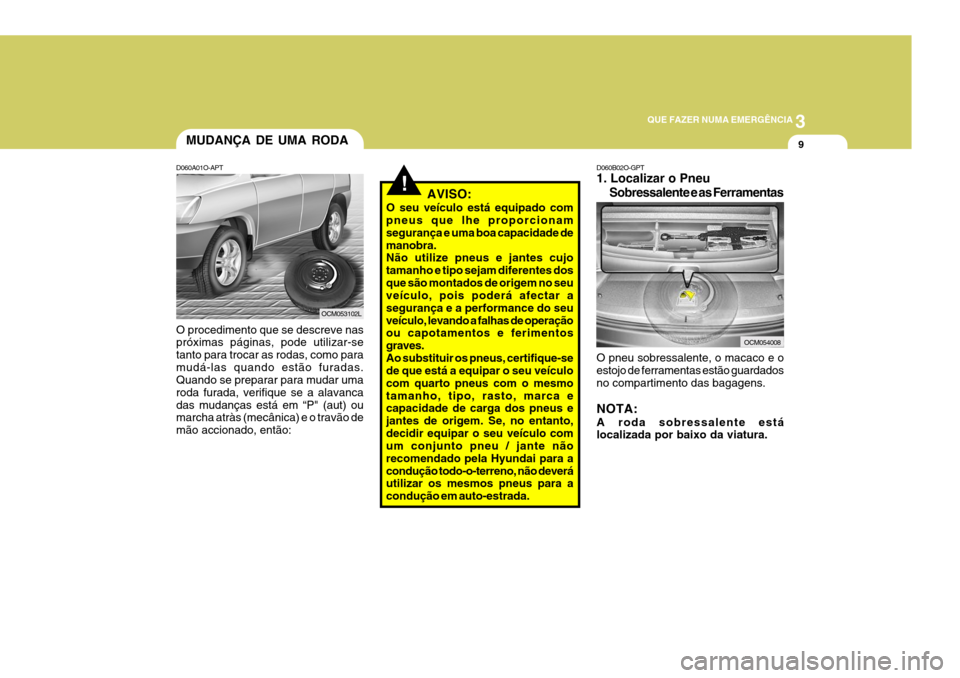 Hyundai Santa Fe 2006 Manual do proprietário (in Portuguese) 3
QUE FAZER NUMA EMERGÊNCIA
9MUDANÇA DE UMA RODA
D060A01O-APT O procedimento que se descreve nas próximas páginas, pode utilizar-se tanto para trocar as rodas, como paramudá-las quando estão fur Hyundai Santa Fe 2006 Manual do proprietário (in Portuguese) 3
QUE FAZER NUMA EMERGÊNCIA
9MUDANÇA DE UMA RODA
D060A01O-APT O procedimento que se descreve nas próximas páginas, pode utilizar-se tanto para trocar as rodas, como paramudá-las quando estão fur