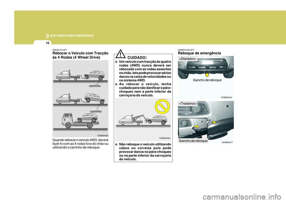 Hyundai Santa Fe 2006  Manual do proprietário (in Portuguese) 3 QUE FAZER NUMA EMERGÊNCIA
16
D080D01CM-GPT Reboque de emergência
OCM054016
OCM054017
Gancho de reboque
CUIDADO:
o Um veículo com tracção às quatro rodas (4WD) nunca deverá ser rebocado com as