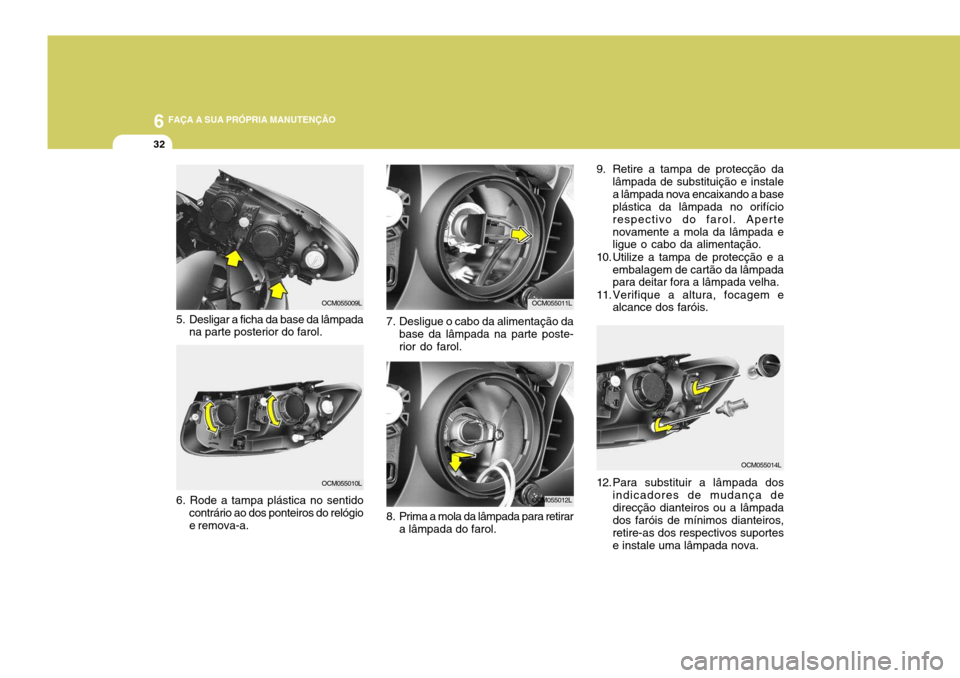 Hyundai Santa Fe 2006  Manual do proprietário (in Portuguese) 6 FAÇA A SUA PRÓPRIA MANUTENÇÃO
32
OCM055014L
9. Retire a tampa de protecção da
lâmpada de substituição e instale a lâmpada nova encaixando a base plástica da lâmpada no orifício respecti