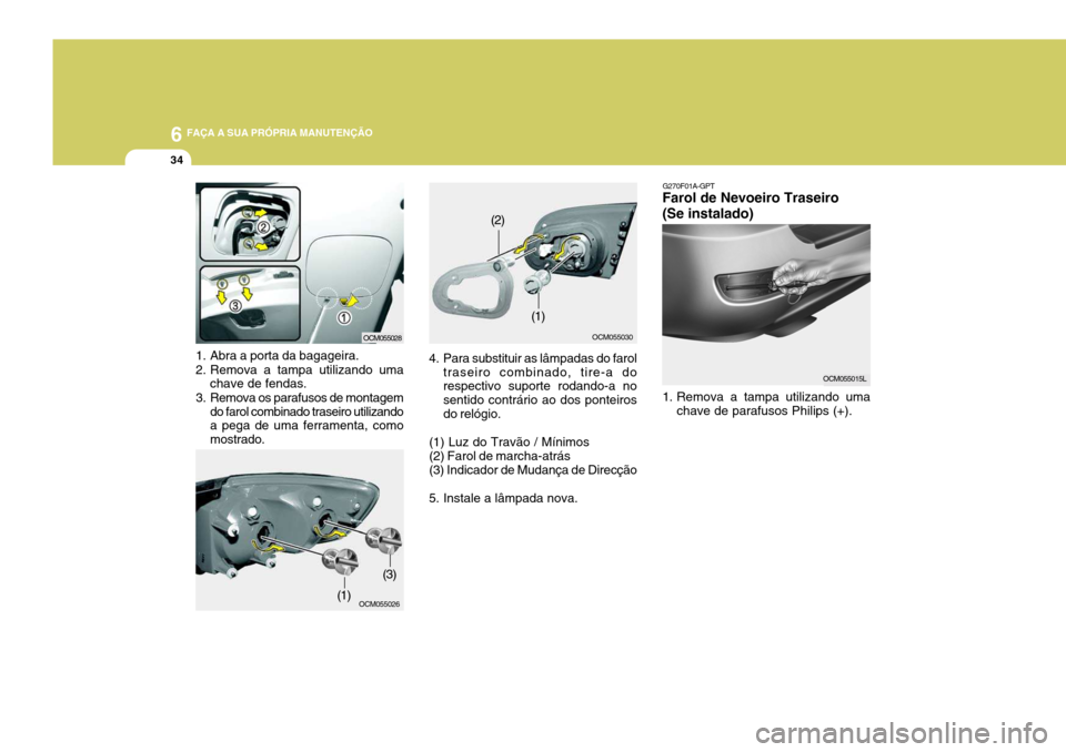 Hyundai Santa Fe 2006  Manual do proprietário (in Portuguese) 6 FAÇA A SUA PRÓPRIA MANUTENÇÃO
34
1. Abra a porta da bagageira. 
2. Remova a tampa utilizando uma
chave de fendas.
3. Remova os parafusos de montagem do farol combinado traseiro utilizando a pega
