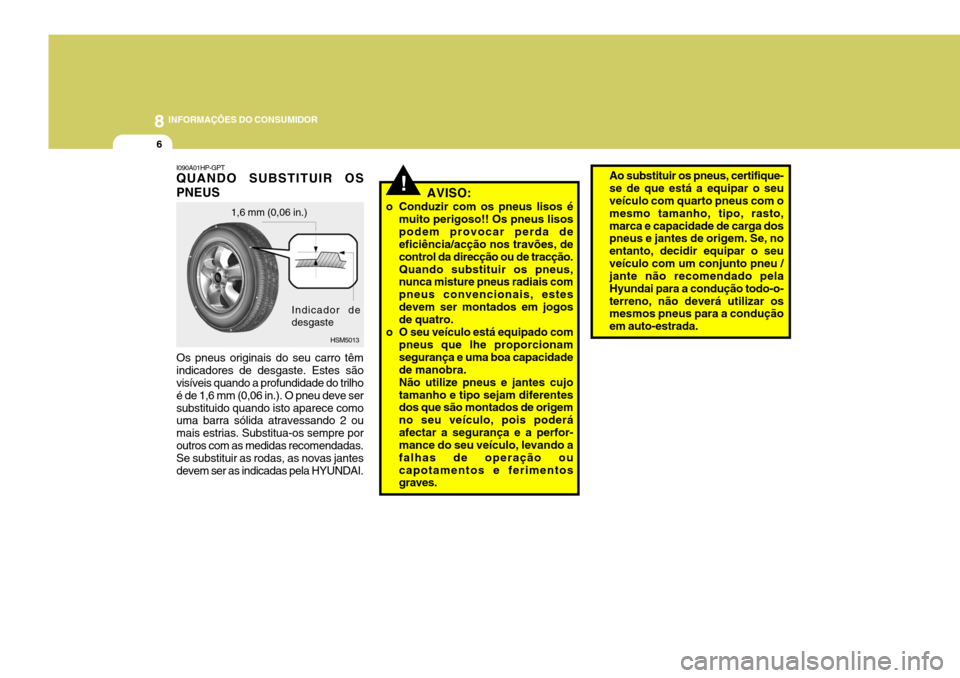 Hyundai Santa Fe 2006  Manual do proprietário (in Portuguese) 8INFORMAÇÕES DO CONSUMIDOR
6
I090A01HP-GPT QUANDO SUBSTITUIR OS PNEUS Os pneus originais do seu carro têm indicadores de desgaste. Estes são visíveis quando a profundidade do trilho é de 1,6 mm 