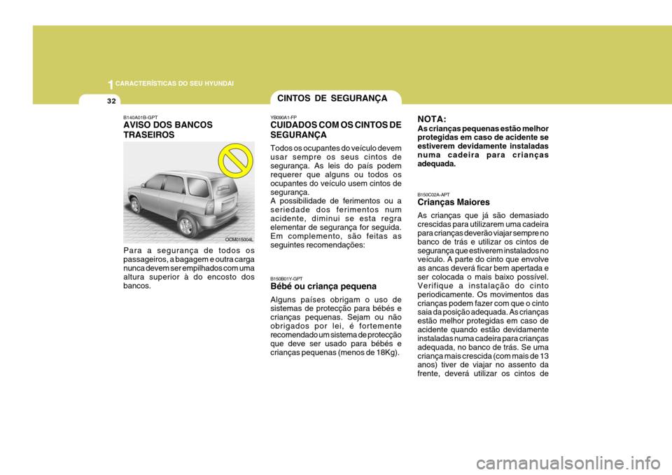 Hyundai Santa Fe 2006 Manual do proprietário (in Portuguese) 1CARACTERÍSTICAS DO SEU HYUNDAI
32
B140A01B-GPT AVISO DOS BANCOS TRASEIROS Para a segurança de todos os passageiros, a bagagem e outra carganunca devem ser empilhados com uma altura superior à do e Hyundai Santa Fe 2006 Manual do proprietário (in Portuguese) 1CARACTERÍSTICAS DO SEU HYUNDAI
32
B140A01B-GPT AVISO DOS BANCOS TRASEIROS Para a segurança de todos os passageiros, a bagagem e outra carganunca devem ser empilhados com uma altura superior à do e