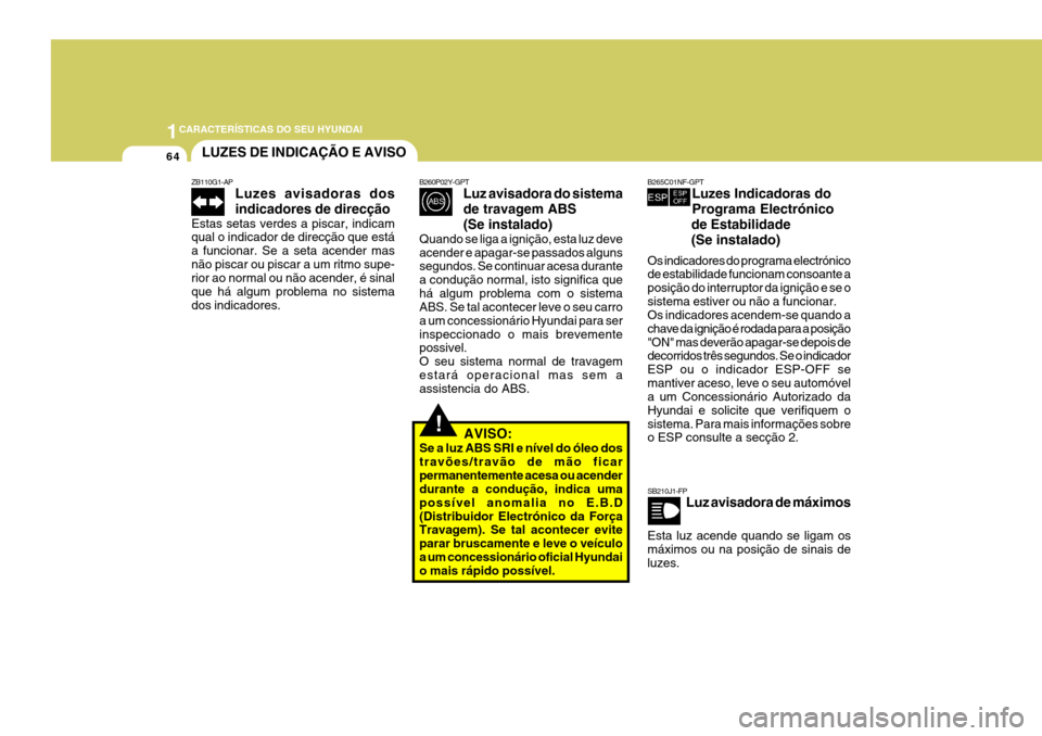 Hyundai Santa Fe 2006  Manual do proprietário (in Portuguese) 1CARACTERÍSTICAS DO SEU HYUNDAI
64LUZES DE INDICAÇÃO E AVISO
!
ZB110G1-AP
Luzes avisadoras dos indicadores de direcção
Estas setas verdes a piscar, indicam qual o indicador de direcção que est