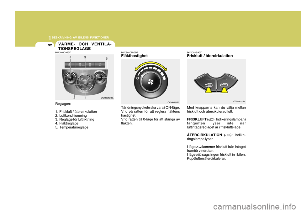 Hyundai Santa Fe 2006 Ägarmanual (in Swedish) 1BESKRIVNING AV BILENS FUNKTIONER
92VÄRME- OCH VENTILA- TIONSREGLAGE
B670A03O -GDT Reglagen:
1. Friskluft / återcirkulation
2. Luftkonditionering
3. Reglage för luftriktning
4. Fläktreglage
5. Hyundai Santa Fe 2006 Ägarmanual (in Swedish) 1BESKRIVNING AV BILENS FUNKTIONER
92VÄRME- OCH VENTILA- TIONSREGLAGE
B670A03O -GDT Reglagen:
1. Friskluft / återcirkulation
2. Luftkonditionering
3. Reglage för luftriktning
4. Fläktreglage
5.