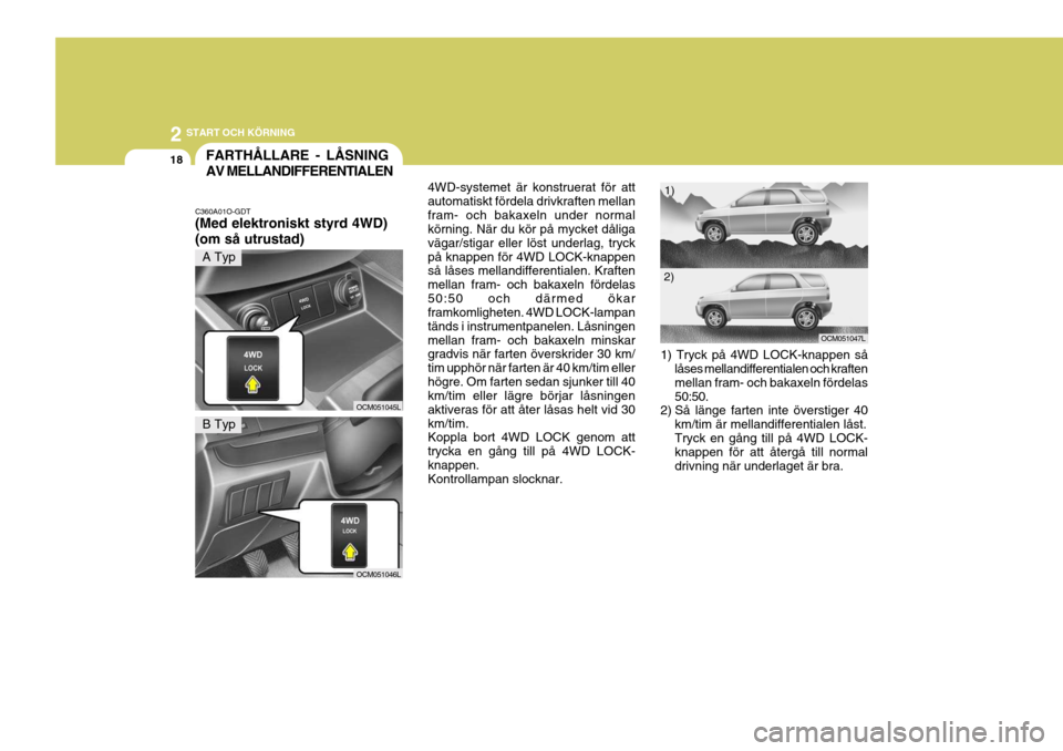 Hyundai Santa Fe 2006 Ägarmanual (in Swedish) 2 START OCH KÖRNING
18FARTHÅLLARE - LÅSNING AV MELLANDIFFERENTIALEN
C360A01O-GDT (Med elektroniskt styrd 4WD) (om så utrustad) 4WD-systemet är konstruerat för att automatiskt fördela drivkrafte Hyundai Santa Fe 2006 Ägarmanual (in Swedish) 2 START OCH KÖRNING
18FARTHÅLLARE - LÅSNING AV MELLANDIFFERENTIALEN
C360A01O-GDT (Med elektroniskt styrd 4WD) (om så utrustad) 4WD-systemet är konstruerat för att automatiskt fördela drivkrafte