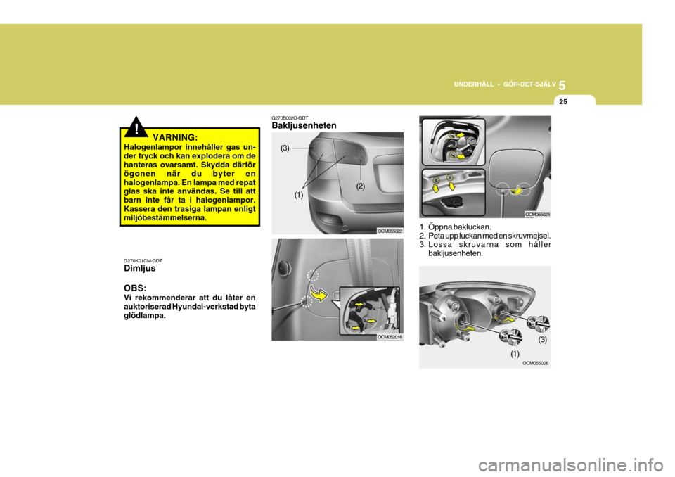 Hyundai Santa Fe 2006  Ägarmanual (in Swedish) 5
UNDERHÅLL - GÖR-DET-SJÄLV
25
!VARNING:
Halogenlampor innehåller gas un- der tryck och kan explodera om de hanteras ovarsamt. Skydda därför ögonen när du byter enhalogenlampa. En lampa med re